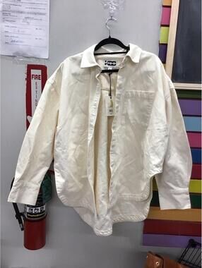Kbb kahlana womens button down khaki shirt size medium oversized new JCPenney
